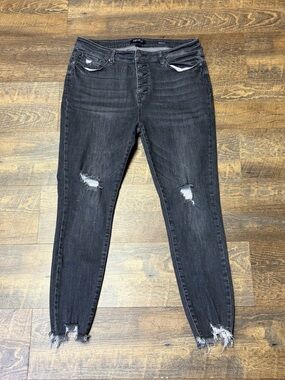 Judy Blue Black Button Fly Skinny Jean Womens 15/32 Stretch Distressed 88129